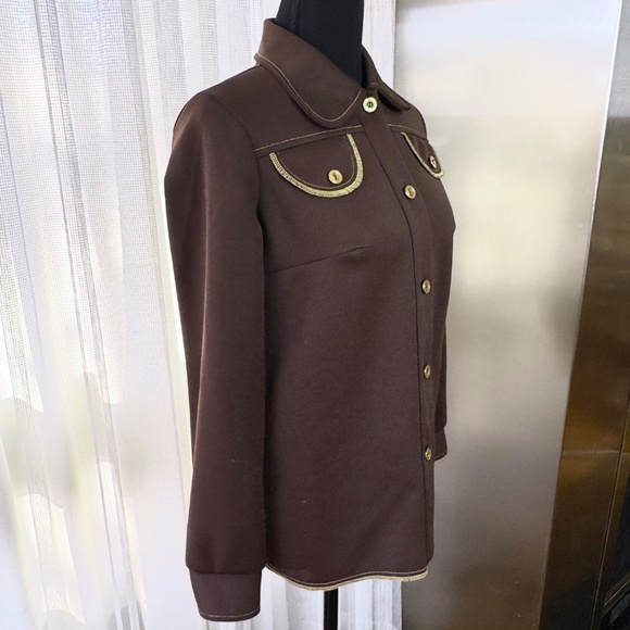 Vintage 80s jacket, chocolate brown blazer, yellow decorative stitches, 6 (S/M) - Picture 2 of 10